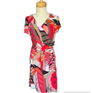 Renuar Multi-Colour Floral Belted V-Neck Dress. Size XL.